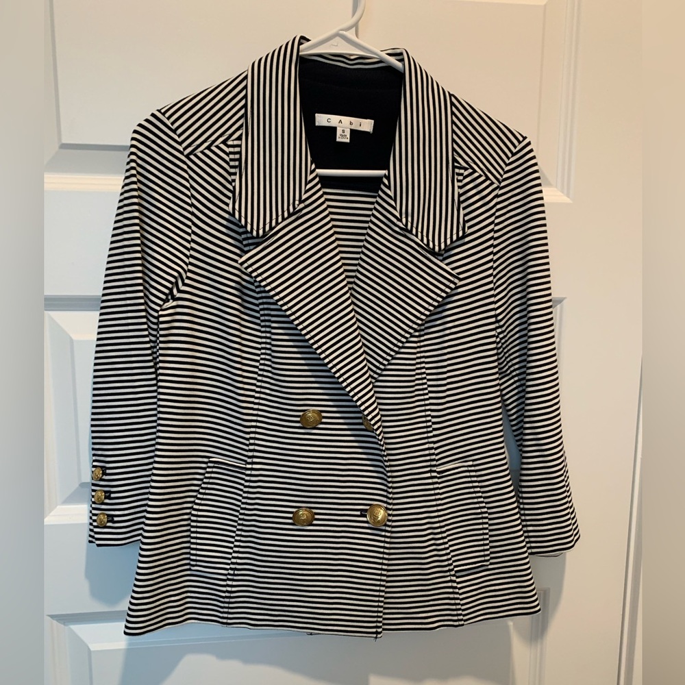 CAbi navy stripe 3/4 sleeve jacket, size S
